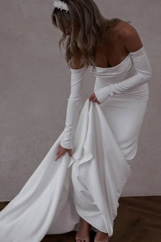 Unique Off Shoulder Long Sleeves Satin Boho Wedding Dress with Court Train QW0830 Sexy Wedding Dress