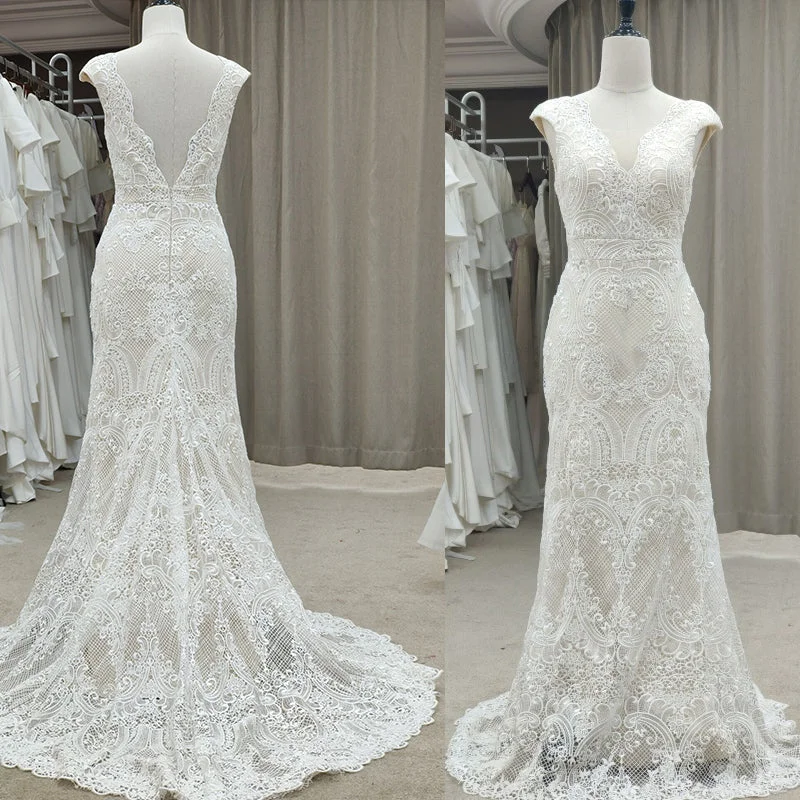 V-neck Swirl Lace Cap Sleeves Wedding Dresses with Sweep Train Chic Wedding Gown