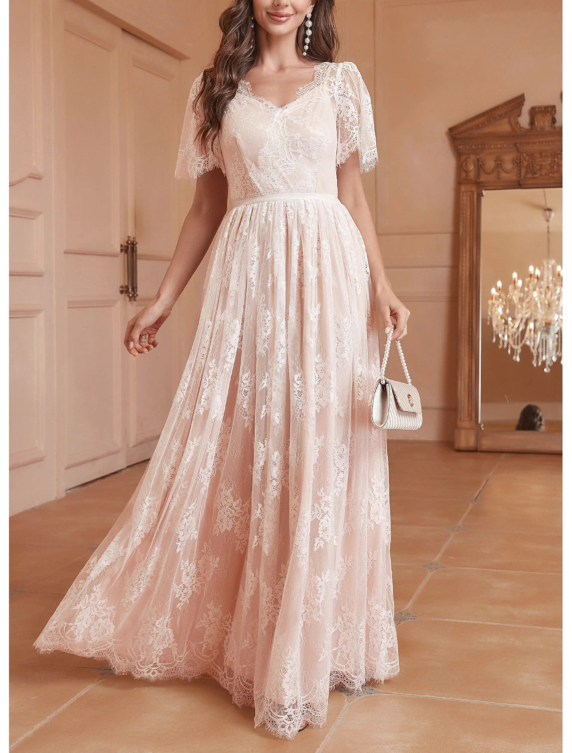 DingJiDress Wedding Dresses A-Line V Neck Short Sleeve Floor Length Lace Bridal Gowns With Pleats Soft Wedding Gown