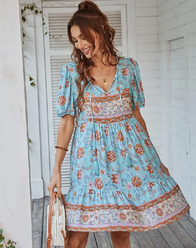 Bonnie Floral Puff Sleeve Summer Midi Dress Preppy midi dresses