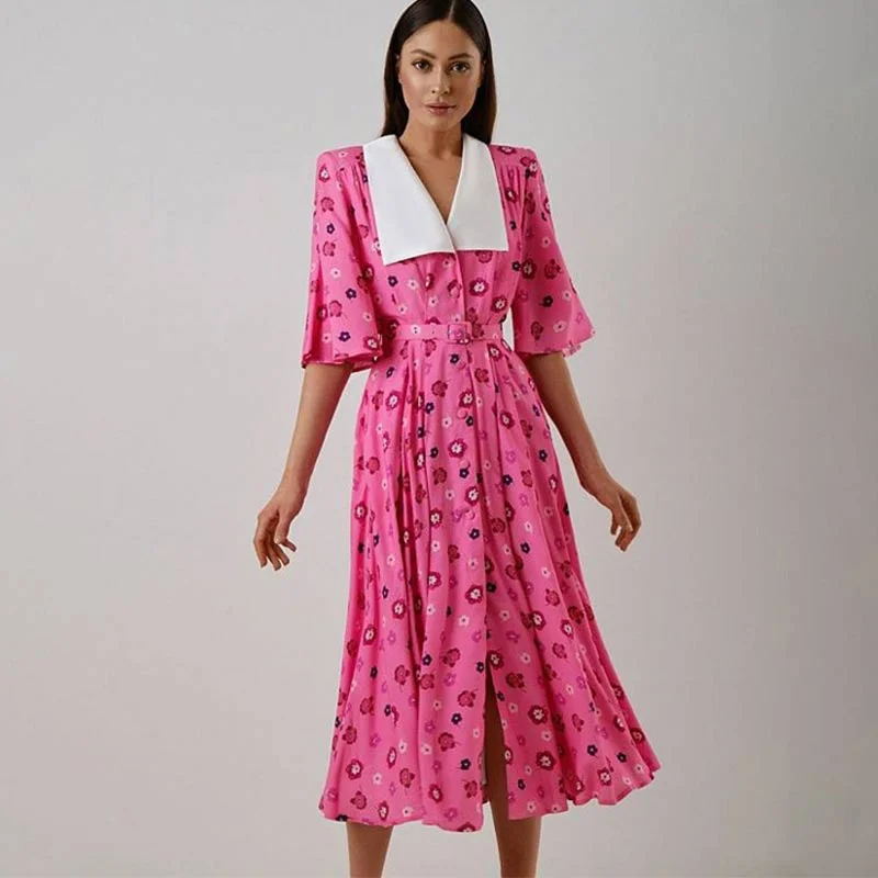 Cheryl Doll Collar Print Midi Dress Minimalist midi dresses