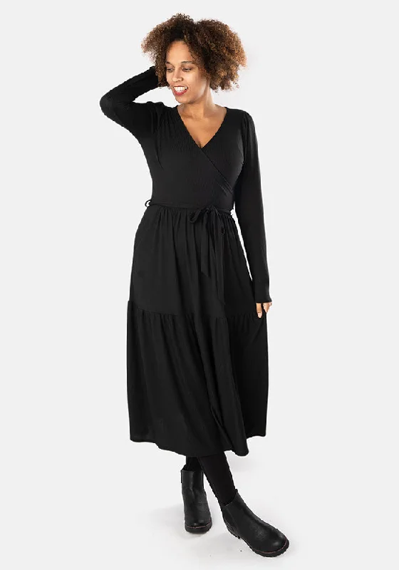 Deana Black Tiered Hem Midi Dress Chiffon midi dresses