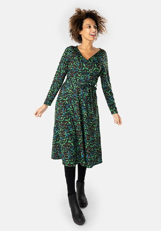 Evergreen Holly Print Midi Dress Chic midi dresses