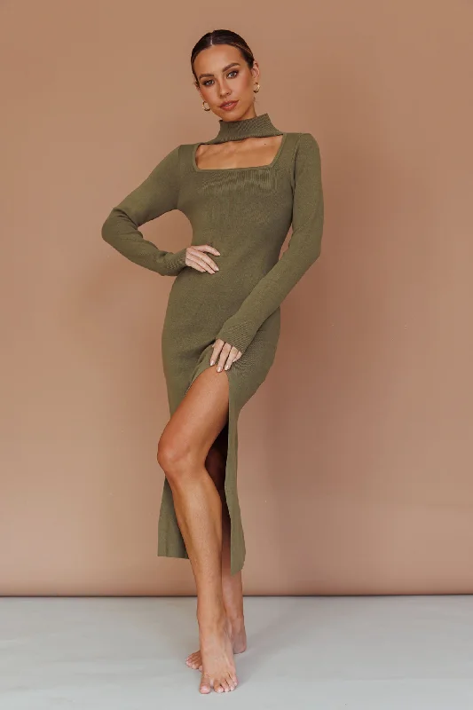 Get Acquainted Cut-Out Bust Midi Dress Olive Women's trendy midi dresses sale