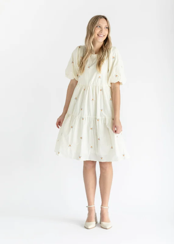 Ivory Puff Sleeve Embroidered Midi Dress - FINAL SALE Elegant midi dresses