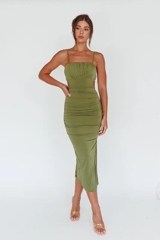 Mary Jane Gathered Bust Tie Back Midi Dress Olive Discounted midi dresses