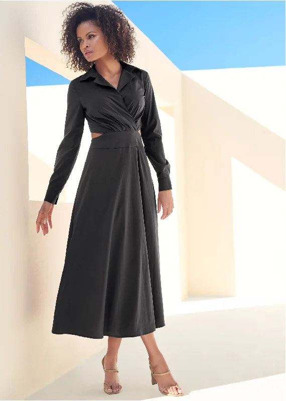 Cutout Midi Shirt Dress - Black Silk midi dresses