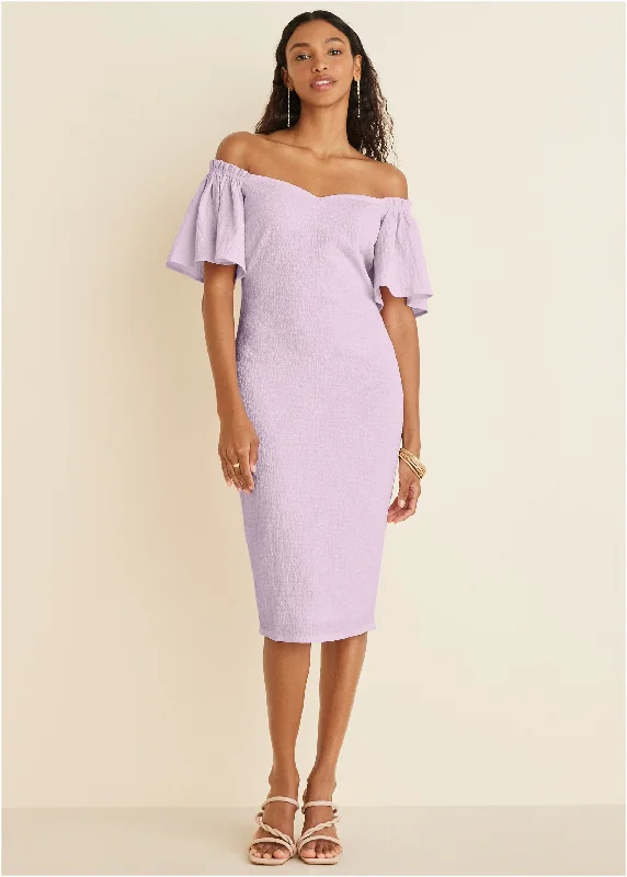 Fluted Satin Midi Dress - Lilac Smocked midi dresses