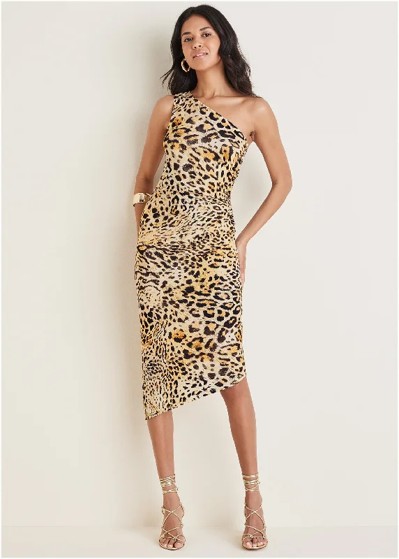 One Shoulder Dress - Vintage Leopard Comfortable midi dresses for everyday wear