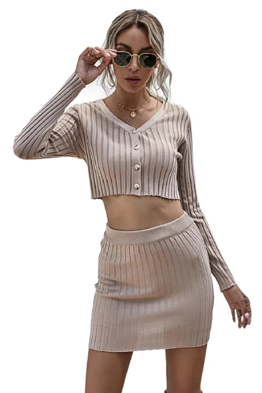 Button Front Crop Sweater And Skirt Set Stylish unclassified skirts