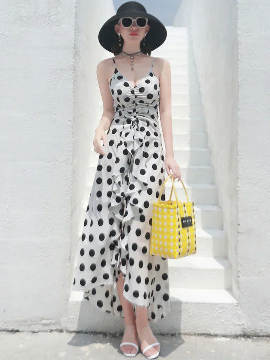 Frill Polka Dots Maxi Beach Dress with High Low Hem Trendy maxi dresses under $50