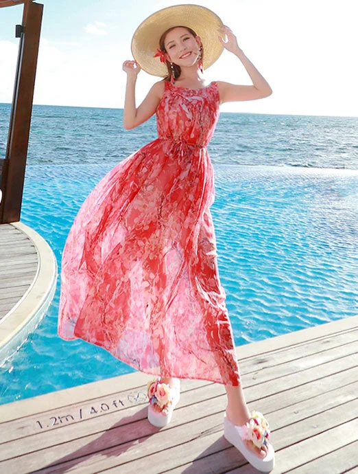 Plus Red Floral Maxi Beach Dress with Belt Smocked maxi dresses