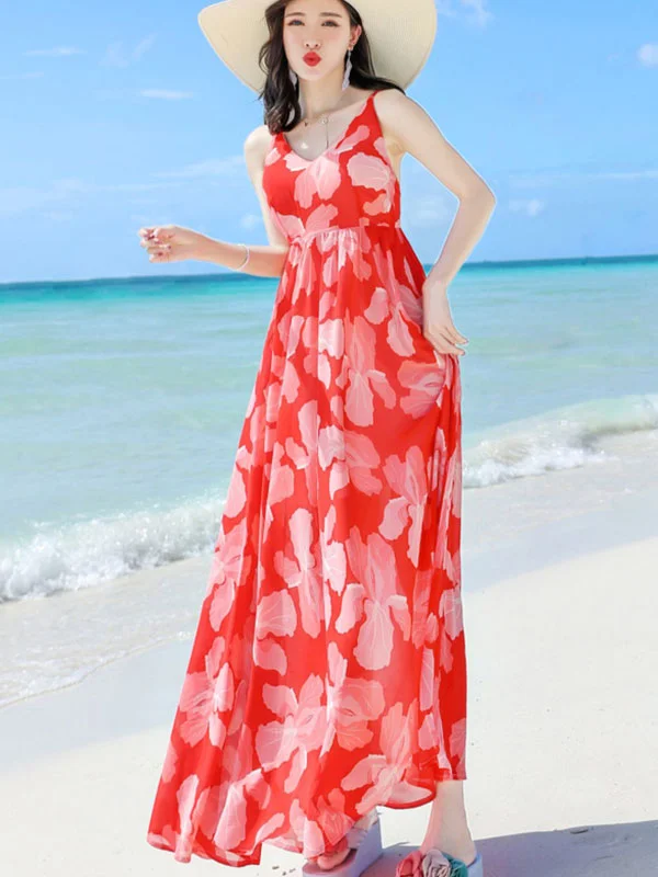 Red Floral Maxi Beach Dress with Self Tie Goth maxi dresses