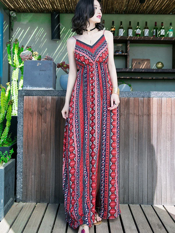 Red Split Thigh Split Maxi Beach Dress in Stripe Flattering maxi dresses for all body types