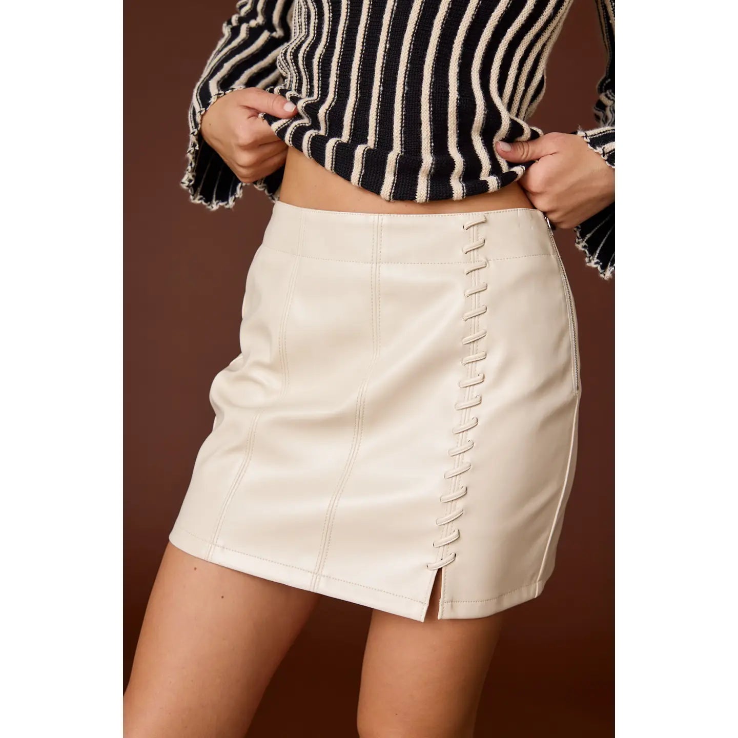 Fall Pictures Faux Leather Mini Skirt in Cream Distressed Mini Skirt