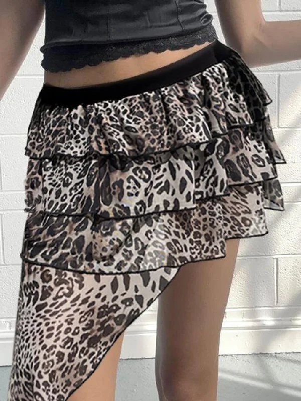 Leopard Print Irregular Ruffle Mini Skirt Cute Mini Skirt