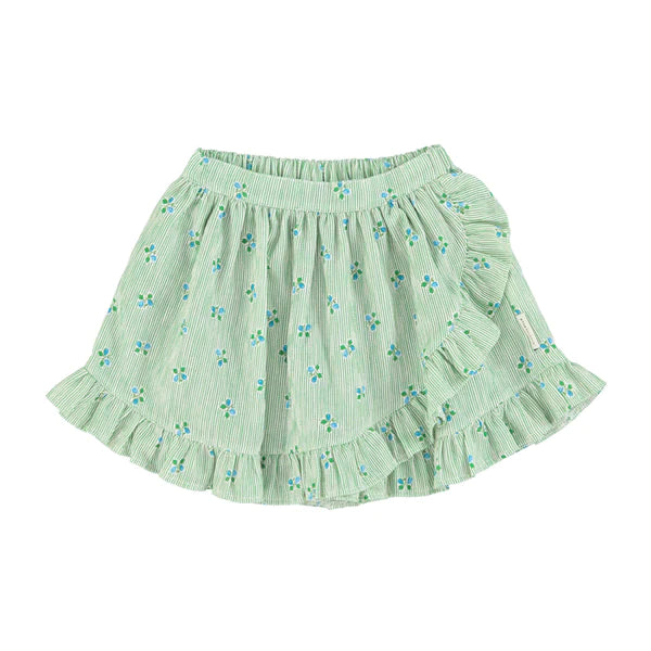 PIUPIUCHICK GREEN STRIPES W/ LITTLE FLOWERS SHORT SKIRT WITH RUFFLES Mini Skirt Casual