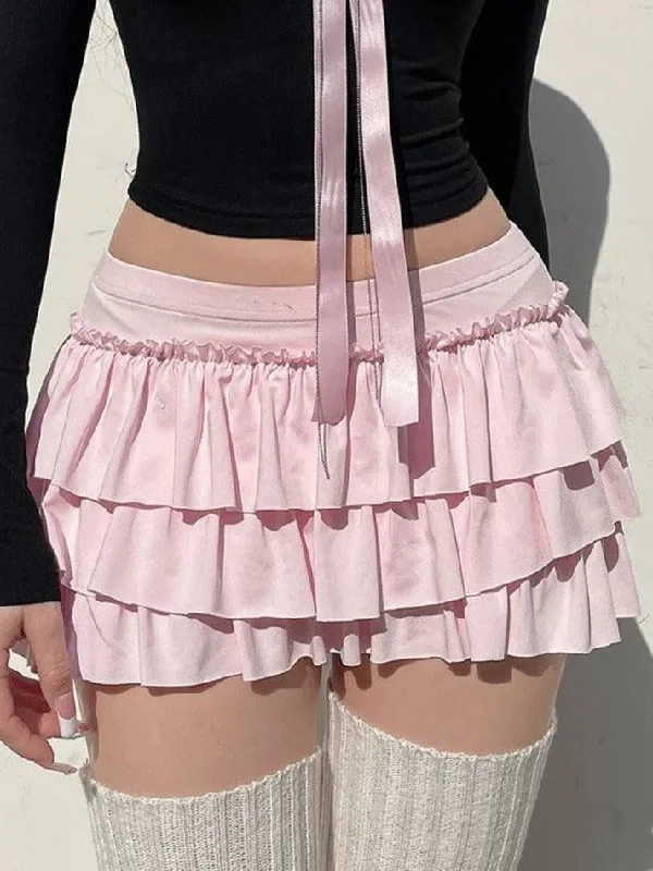 Solid Bow Splice Low Rise Tiered Mini Skirt Mini Skirt with Lace