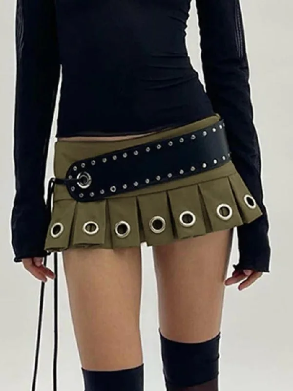 Ultra Short Low Waist Belt Mini Skirt Pleated Mini Skirt