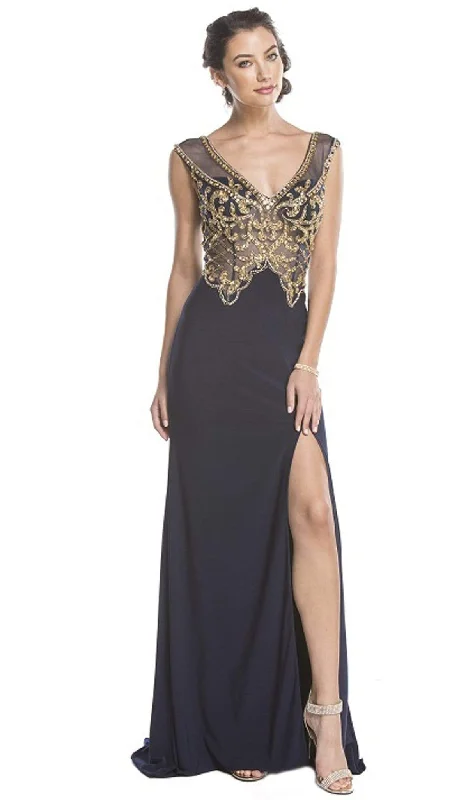 Aspeed Design - Gold Embellished Evening Dress with Slit Luxury party dresses