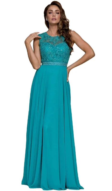 Nox Anabel - Y101 Sleeveless Illusion Jewel Ornate Lace Gown Stretchy party dresses