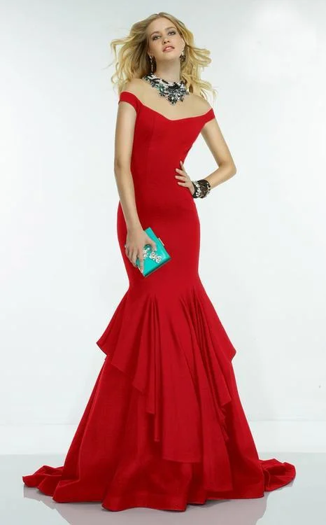 Alyce Paris Adorned Illusion Off Shoulder Ruffled Trumpet Gown 2551 - 1 Pc. Red in size 6 Available Long unclassified dresses