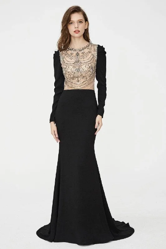 Angela & Alison - Illusion Embellished Trumpet Evening Dress 81056 - 1 pc Black In Size 14 Available Cotton unclassified dresses