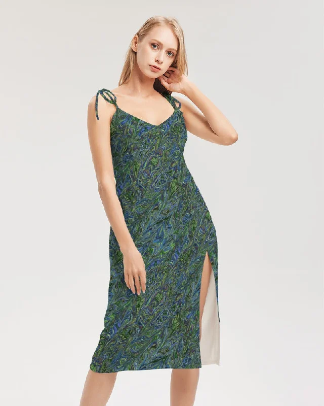 Blue Green Liquid Marbling Women's Tie Strap Split Dress Popular unclassified dresses