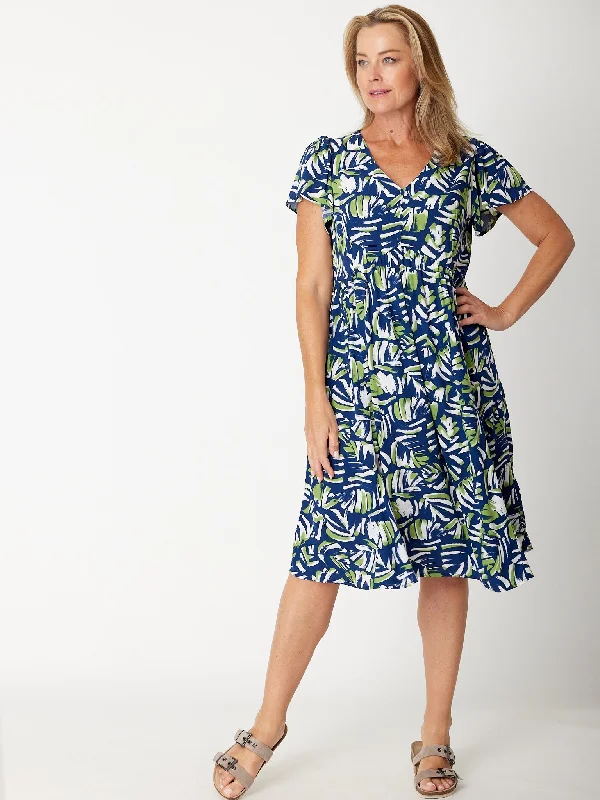 Flounce Sleeve Dress- 30674 Navy/Green Wrap unclassified dresses