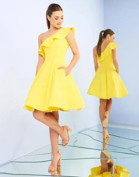 Ieena Duggal - One Shoulder Ruffled Neckline A-Line Dress 26099I - 1 Pc. Lemon in size 6 Available Embroidered unclassified dresses