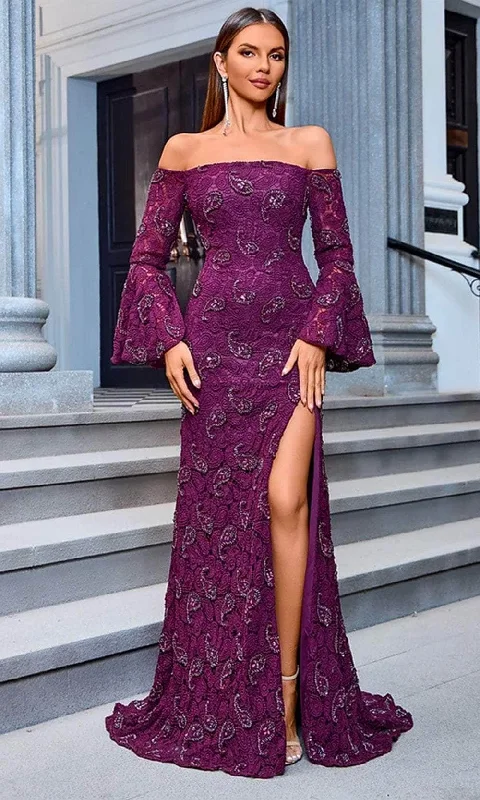 J'Adore Dresses JM207 - Off-Shoulder Flounce Sleeve Beaded Evening Dress Denim unclassified dresses