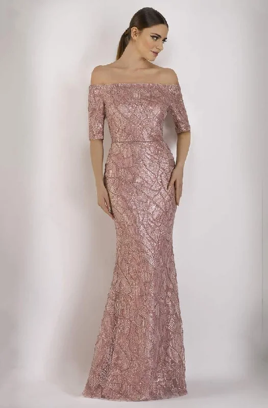 Janique - Embellished Off-Shoulder Trumpet Dress JA5017 - 1 pc Rose Gold In Size 10 Available Popular unclassified dresses