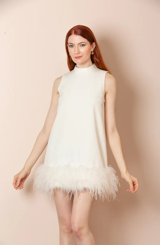 JESSIE LIU Sleeveless Dress with Feathers - White Satin unclassified dresses