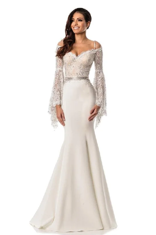 Johnathan Kayne - 7244 Bell Sleeve Off Shoulder Sparkly Mermaid Gown - 1 pc Ivory/Nude In Size 8 Available Printed unclassified dresses