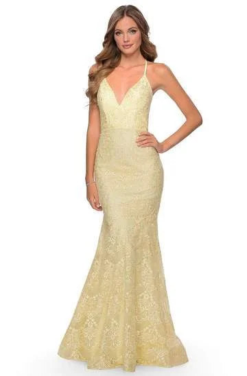 La Femme - Plunging V-Neck Thin Straps Mermaid Dress 28643SC - 1 pc Pale Yellow In Size 4 Available Bright color unclassified dresses