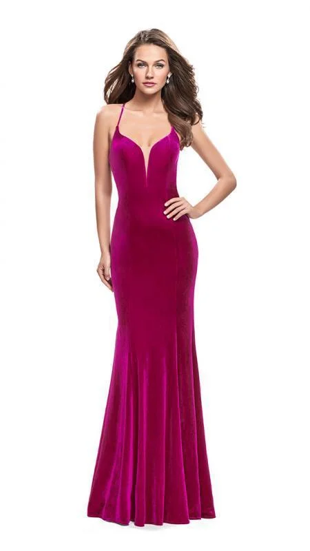 La Femme Strappy Plunging Sweetheart Velvet Sheath Gown 25174 - 1 pc Fuchsia In Size 12 Available Unique unclassified dresses