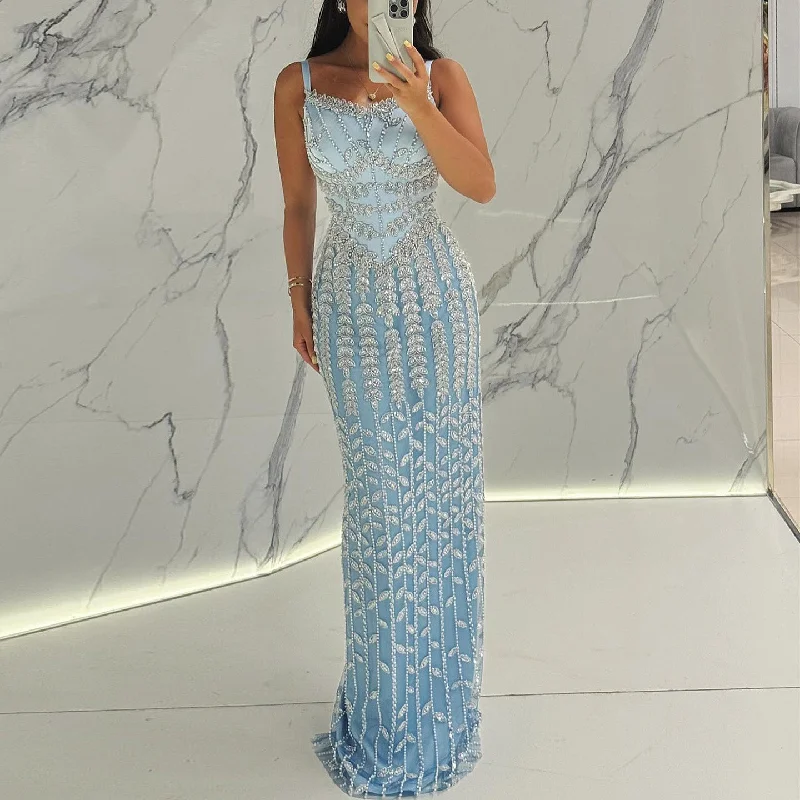 Luxury Beaded Blue Mermaid Evening Dress SS124 Breathable unclassified dresses