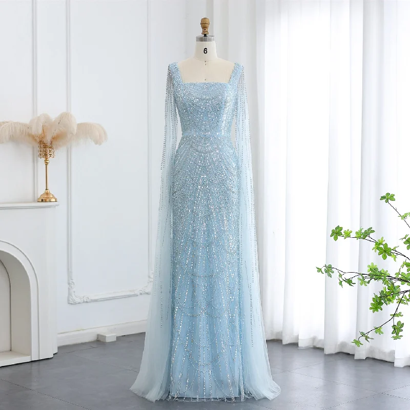 Luxury Beaded Blue Mermaid Evening Dress with Cape Sleeves SS116 Travel unclassified dresses