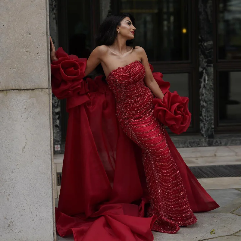 Luxury Pearl Red Evening Dress with 3D Flowers Cape SS585 Smocked unclassified dresses