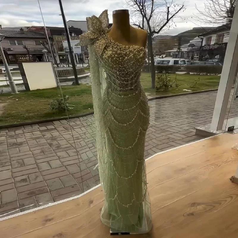 Luxury Pearls 3D Flower Green One Shoulder Evening Dress SS115 Chic unclassified dresses