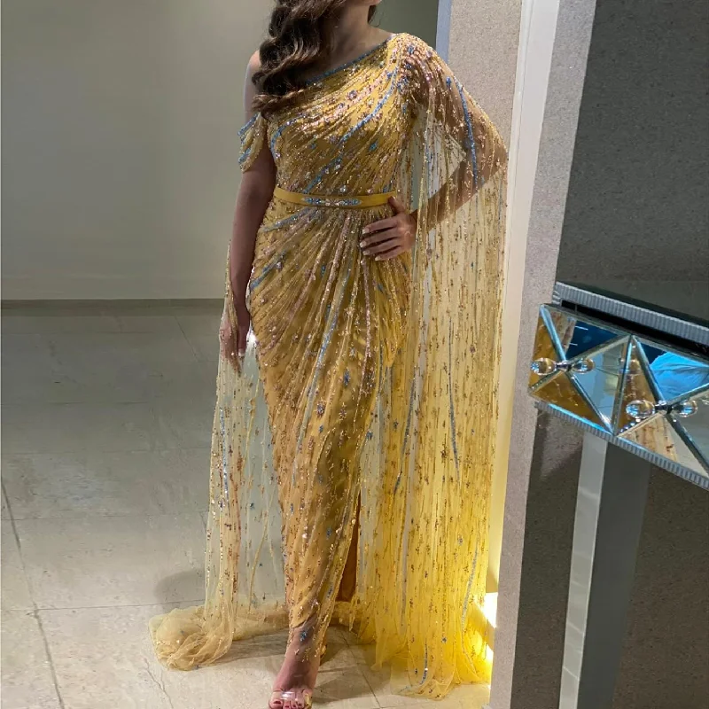 Colorful Beaded One Shoulder Yellow Evening Dress with Cape SS423 Stretchy unclassified dresses