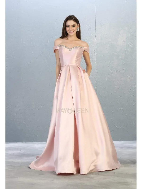 May Queen - MQ1784 Jewel-Trimmed Off Shoulder A-Line Dress Chiffon unclassified dresses