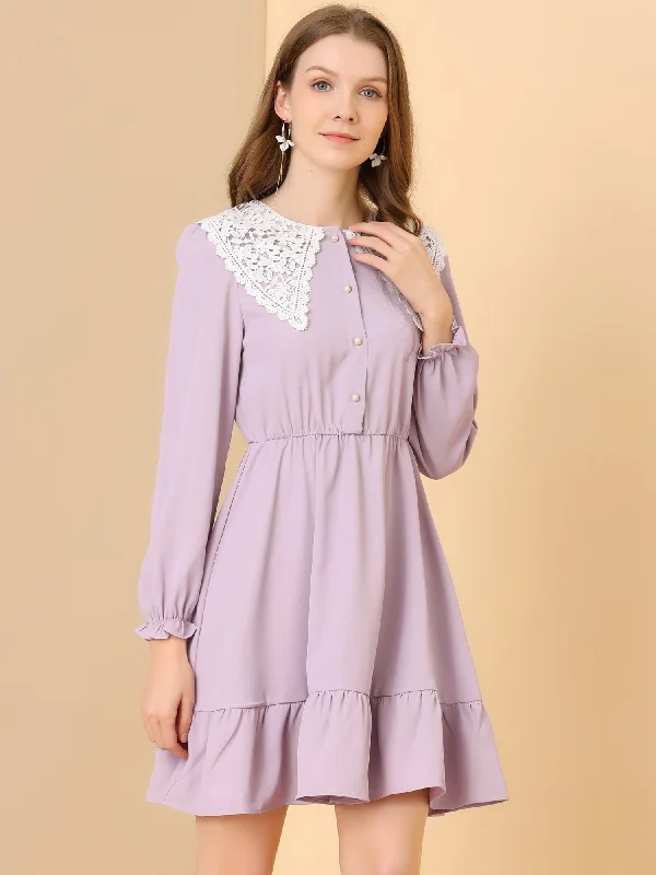 Vintage Ruffle Hem A-Line Crochet Peter Pan Collar Dress Office unclassified dresses