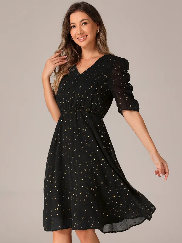 Metallic Stars Ruched Sleeve V Neck A-line Chiffon Dress Party unclassified dresses