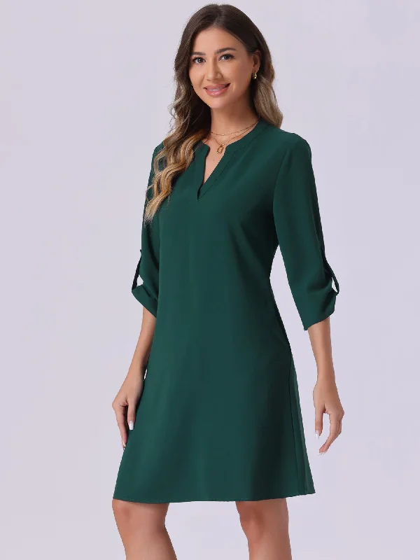 V Neck Roll-Up Sleeve Solid Color Casual Shift Dress Popular unclassified dresses