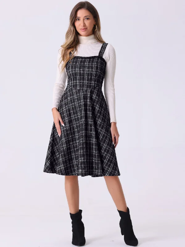 Tweed Plaid Sleeveless Pockets A-Line Pinafore Overall Dress Fall unclassified dresses