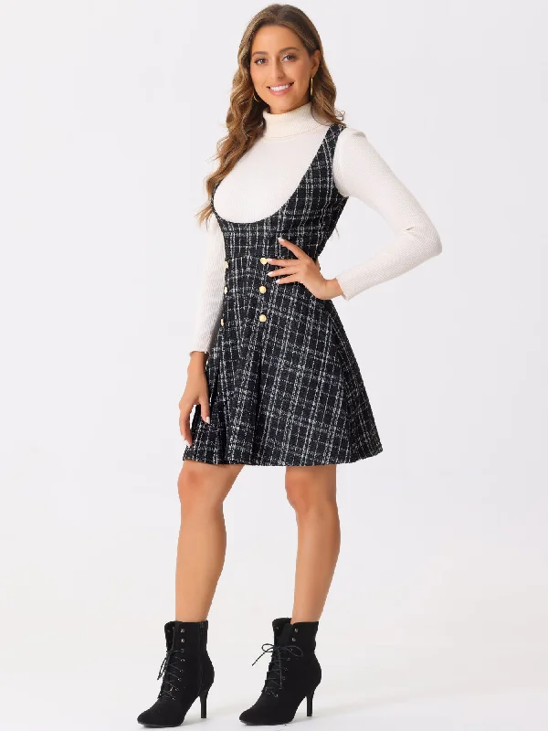 Button Decor U Neck Plaid Tweed Overall Pinafore Dress Beaded unclassified dresses