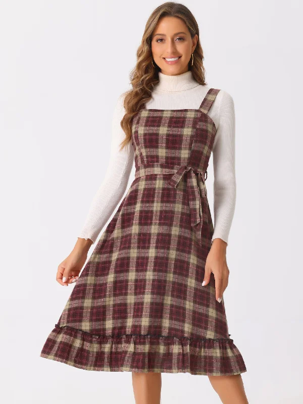 Plaid Ruffled Sleeveless Tie Waist A-Line Pinafore Overall Dress Floral unclassified dresses