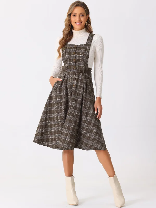 Plaid Overall Vintage Sleeveless Pockets A-Line Pinafore Dress Long sleeve unclassified dresses