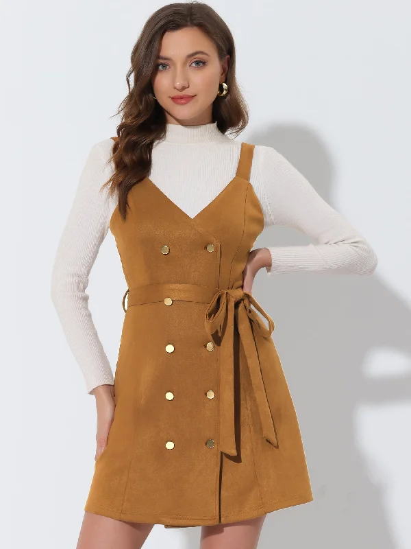 Faux Suede V Neck Button Down Belted Pinafore Overall Dress Bodycon unclassified dresses